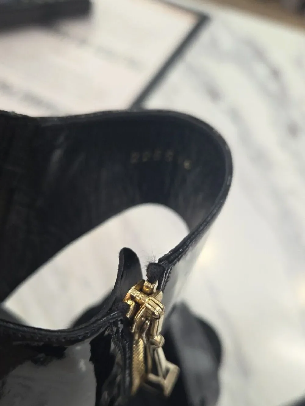 Gucci Black Patent Leather Stiletto Heels with Gold Zip Accent